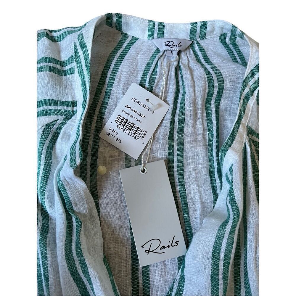 NEW RAILS Jasmine Dress Size L Green White Linen Blend Mini Long Sleeve - Picture 7 of 12